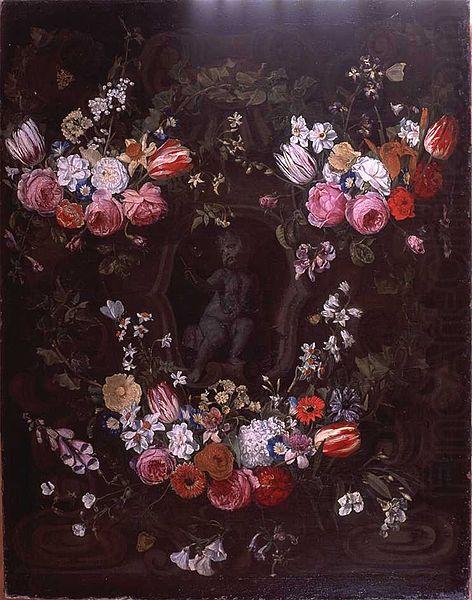 Jan Philip van Thielen Garland of flowers surrounding cherub in grisaille oil painting picture